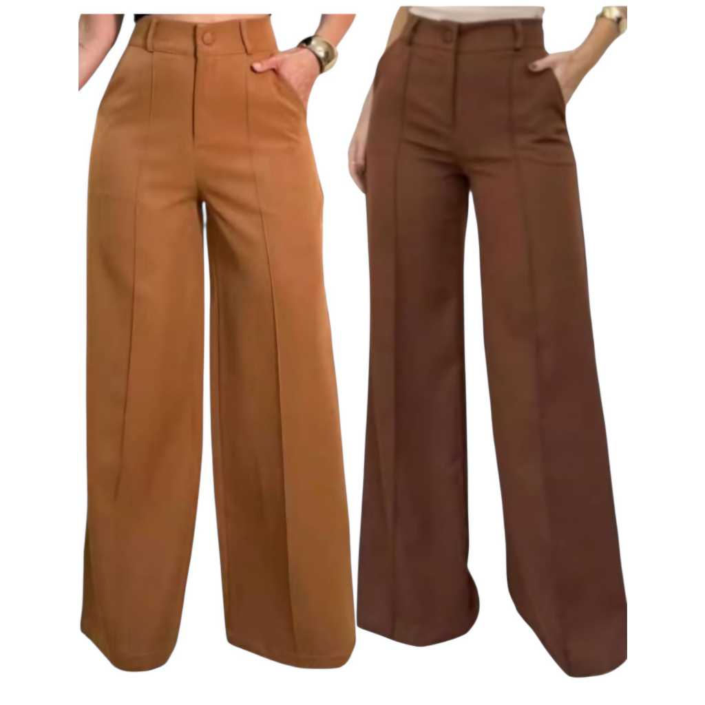 Calça Feminina Pantalona Wide Leg Duna com Botão e forro Elástico nas Costa