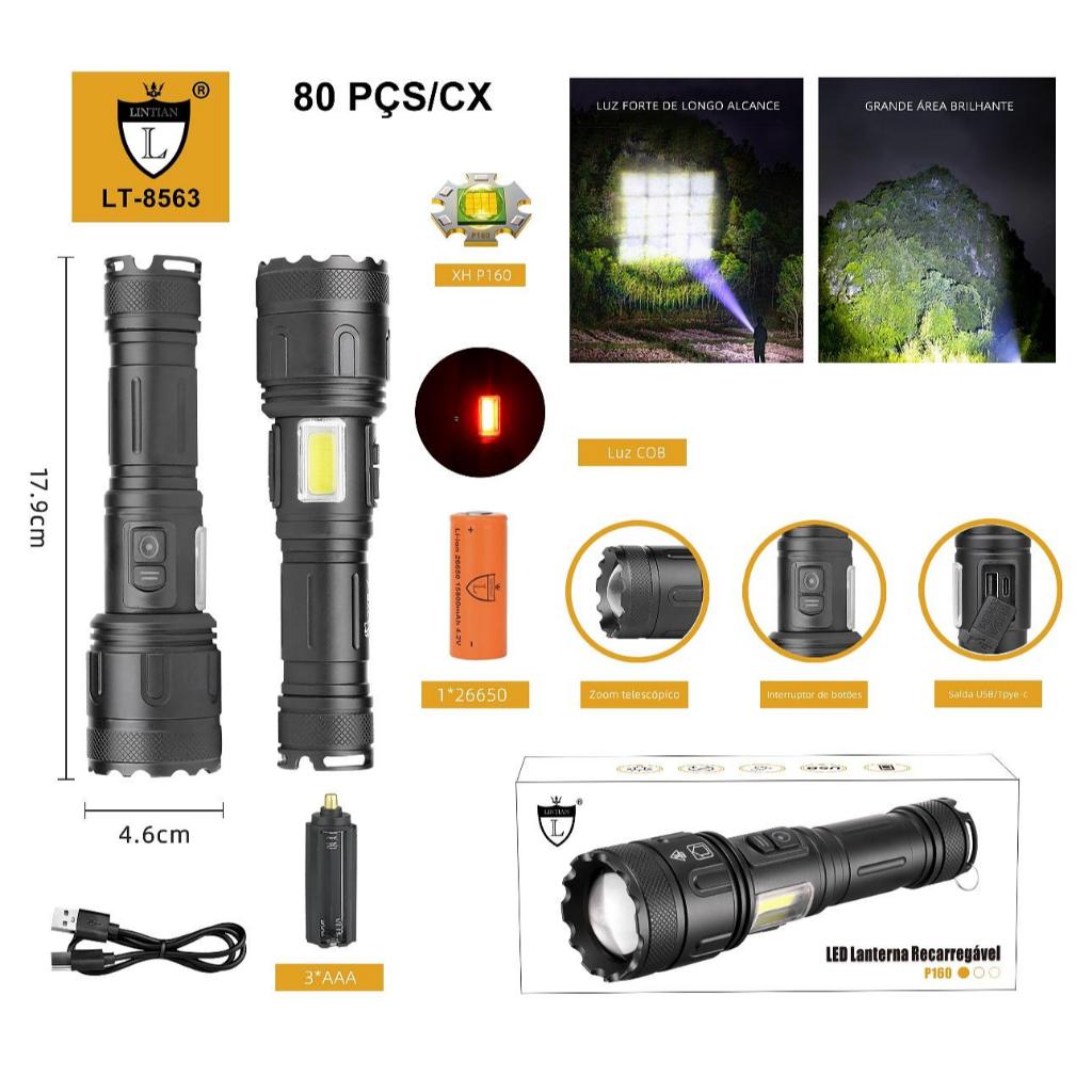 Super Lanterna Tática Militar LED de Alta Intensidade 7250000 Lumens 2580000W USB Recarregável (LT-8563)