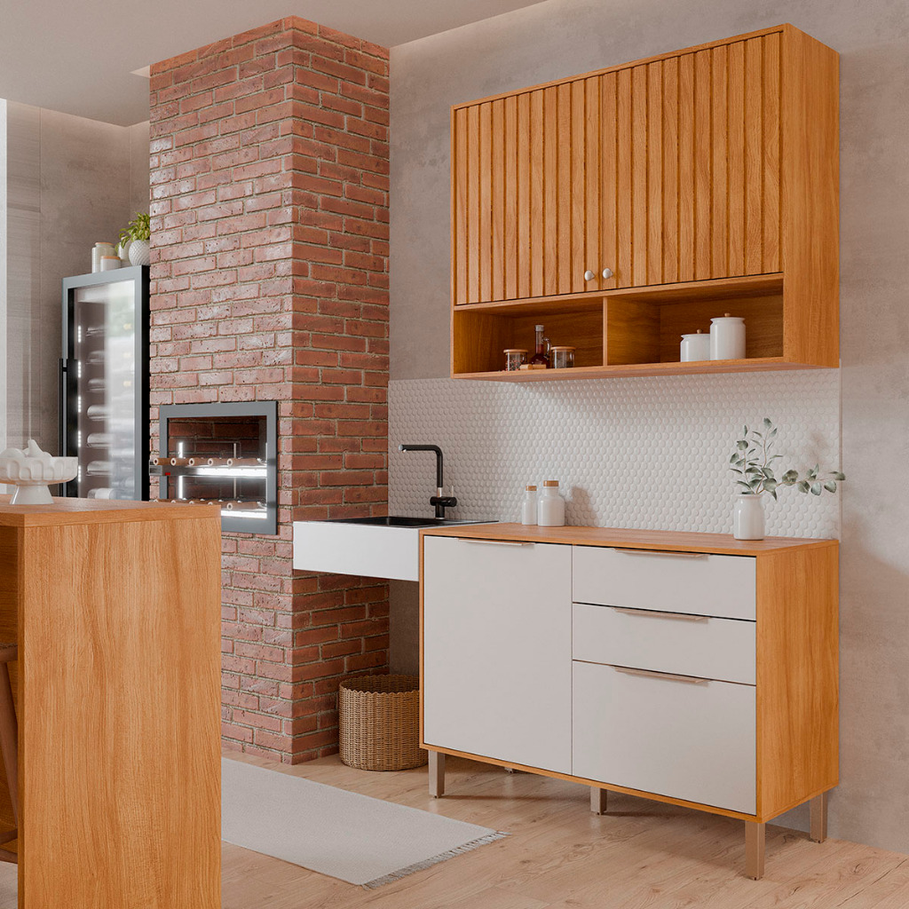 Armario Aereo com Balcão Divina 120cm com 4 Portas 2 Gavetas