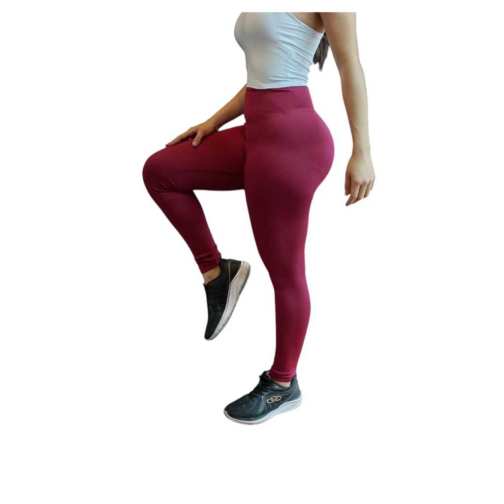 Calça Legging Canelada de Cintura Alta sem Costura para Academia, Feminina, Elástica Esportiva e Fitness