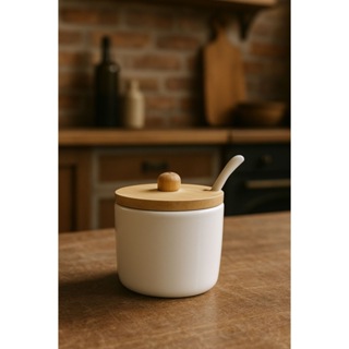 Pote Cerâmica Colher Tampa Madeira Pinus Perfeito Açúcar Sal Café Tempero em Oferta na Shopee