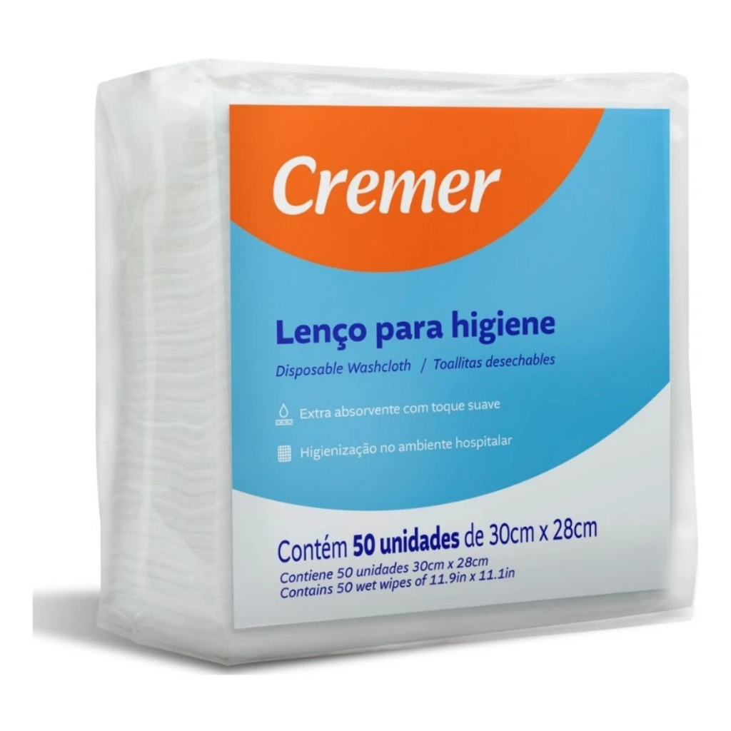 Lenço Para Banho e Higiene No Leito Pacote Com 50 Unidades Cremer
