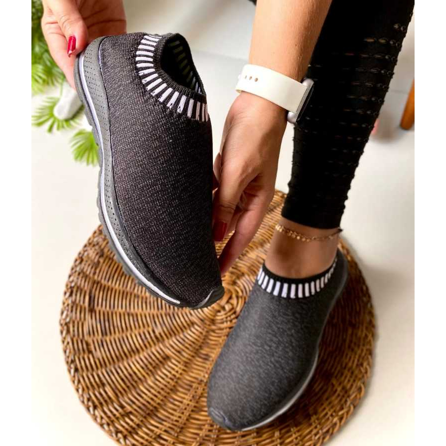 Tênis Feminino Meia Calce Fácil Slip On Leve Flexível Confortável Caminhada Academia Casual