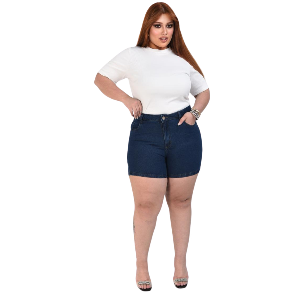 Short Jeans Azul Meia Coxa Plus Size Com Cintura Alta