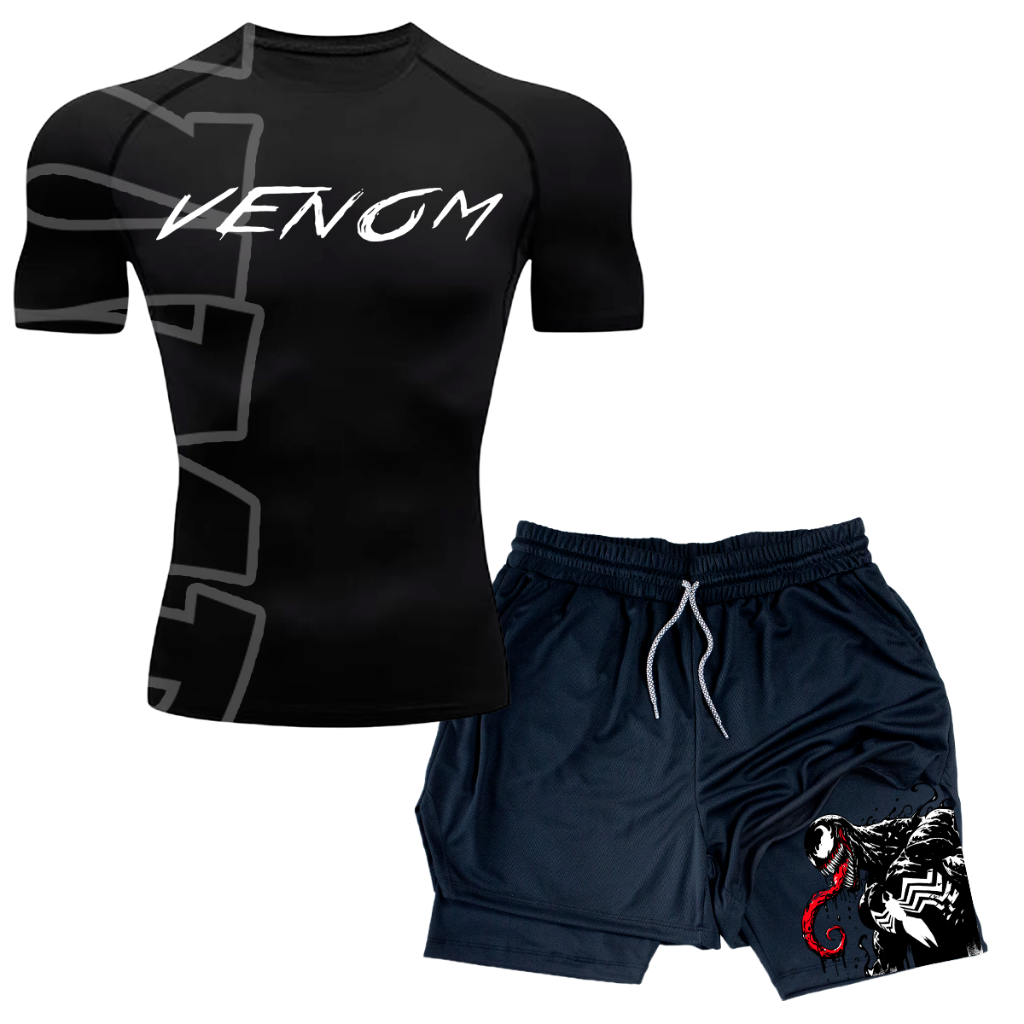 Kit Treino Academia Camiseta Compressao E Short 2 em 1 venom gym  Dry Fit academia unissex