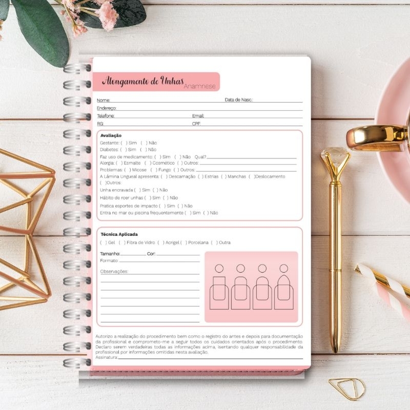 Ficha de Anamnese Alongamento de Unhas/Nail designer/Manicure/Acrigel com 100 páginas encadernada com capa