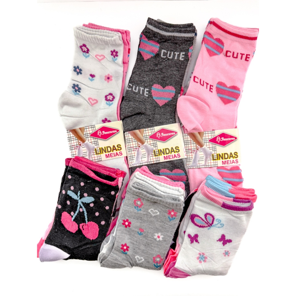 Kit 12 - 6 ou 3 pares de Meia cano alto estampada feminina menina poliéster algodão em Oferta na Shopee