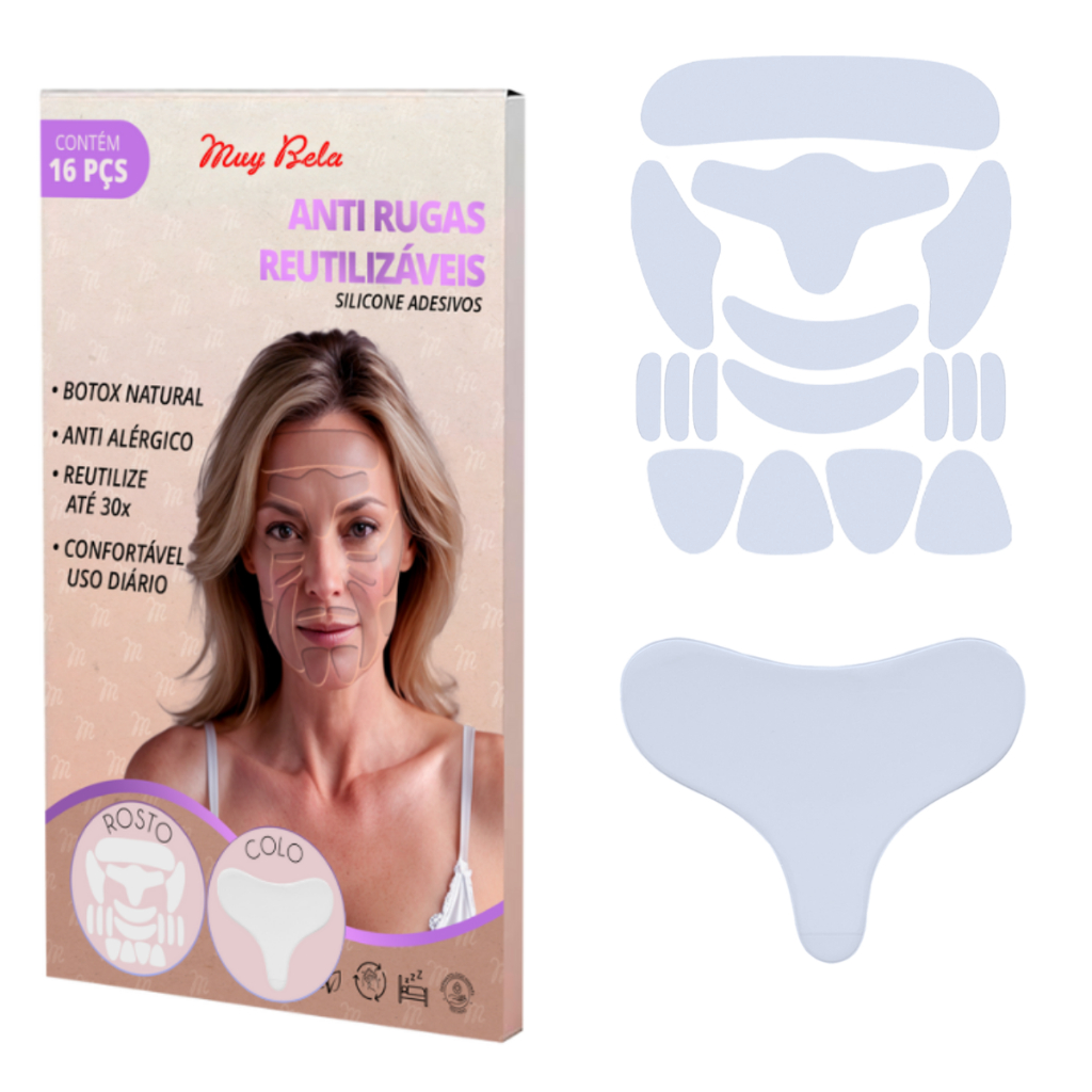 Kit com Adesivo Anti Rugas Silicone Rosto 16 Peças + 1 Peça Peito Colo Muy Bela Lavável Reutilizável Skin Care Colágeno