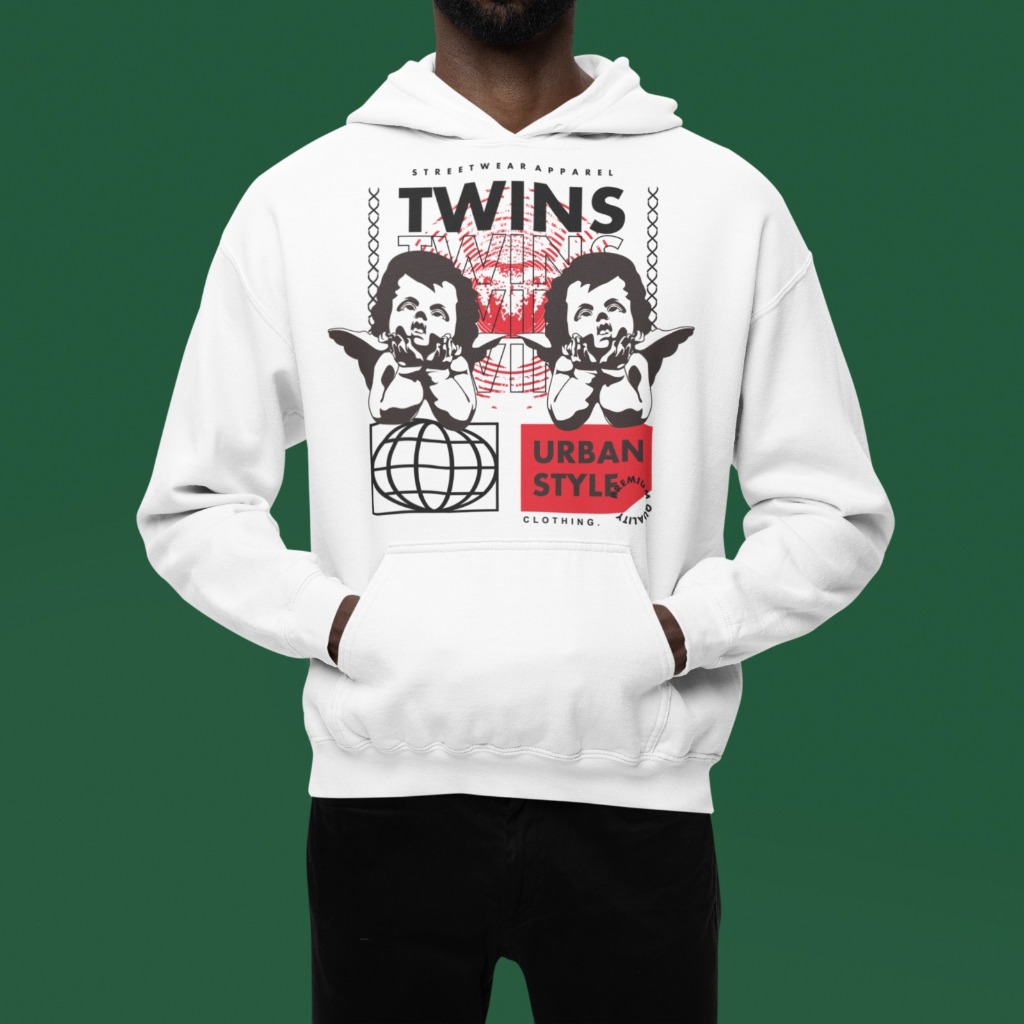 Moletom com capuz estampado gráfico ``Twins´´ e cordão, blusa de moletom casual Unisex no inverno e outono