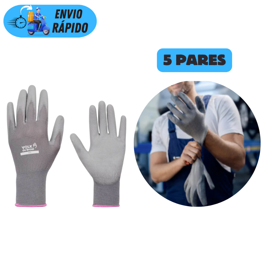 KIT 5 PARES DE LUVA PU MULTITATO TAMANHO 6 (PP) CINZA MULTIUSO MECÂNICO FEMININA PROTEÇÃO EPI COM CA