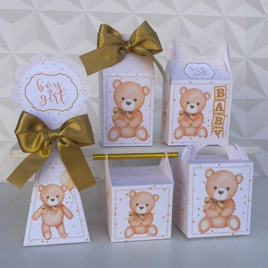 kit de lembrancinhas Personalizadas Festa Infantil Chá Revelação Chá de Bebê Ursinho Marrom e Dourado - PEGUE E MINTE