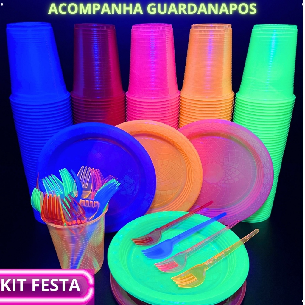 Kit 200 Itens Festa Aniversário Neon Brilha No Escuro Eventos Completo Descartaveis Plástico Pratinhos Garfinhos Copos em Oferta na Shopee