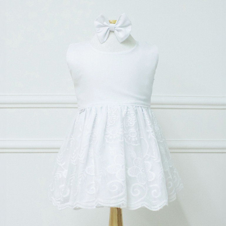 Vestido de Menina Bebê e Infantil Branco Algodão com Renda e Laço Grande Luxo Para Batizado e Festa