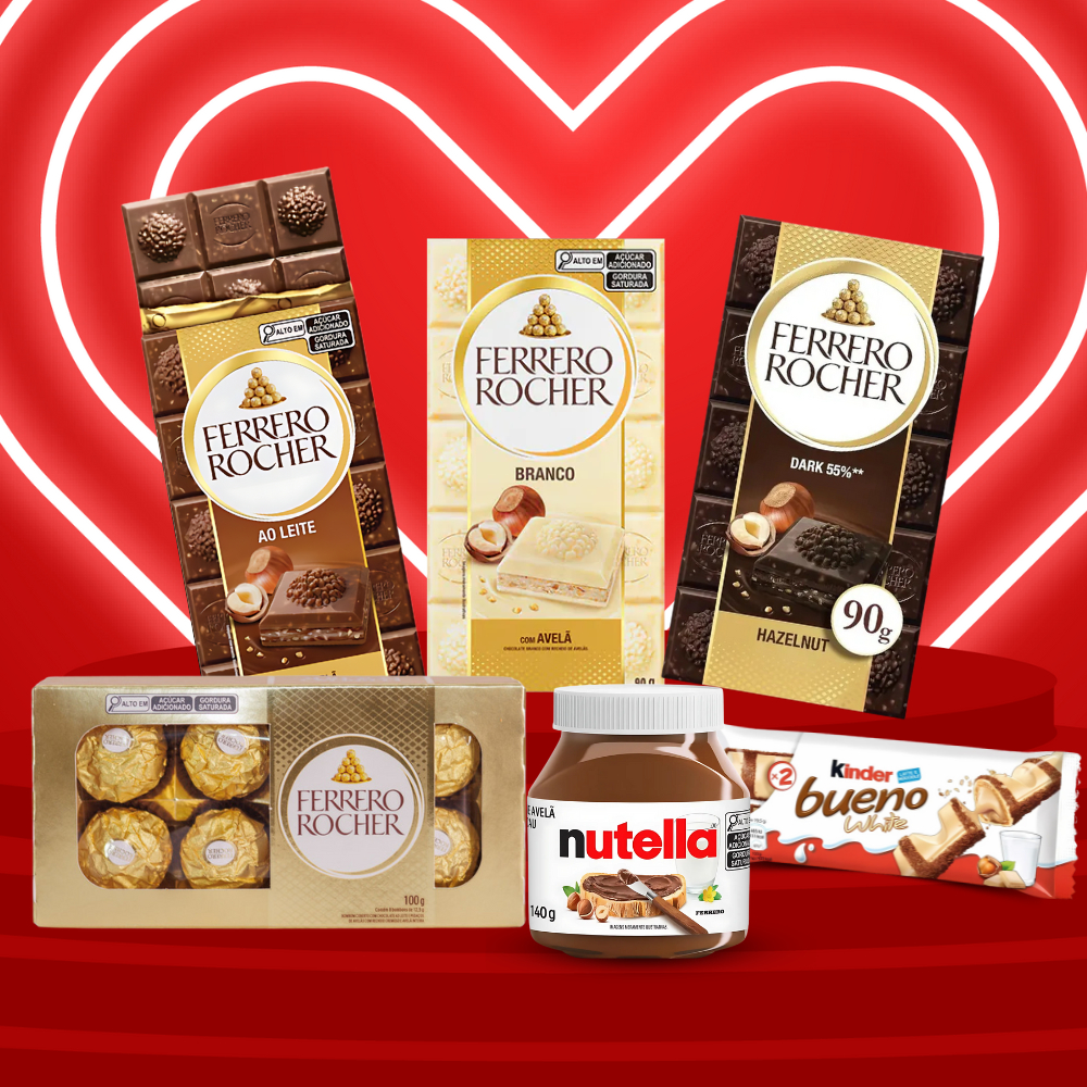 Kit Dia dos Namorados Presente Chocolate Premium Trufado Ferrero Rocher Nutella Kinder Bueno Barra Surpresa Especial