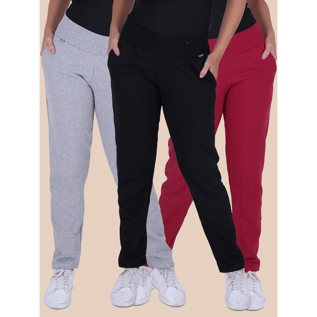 KIT 3 Calças Feminina Moletom de Algodão Peluciado Felpado Inverno com Bolsos