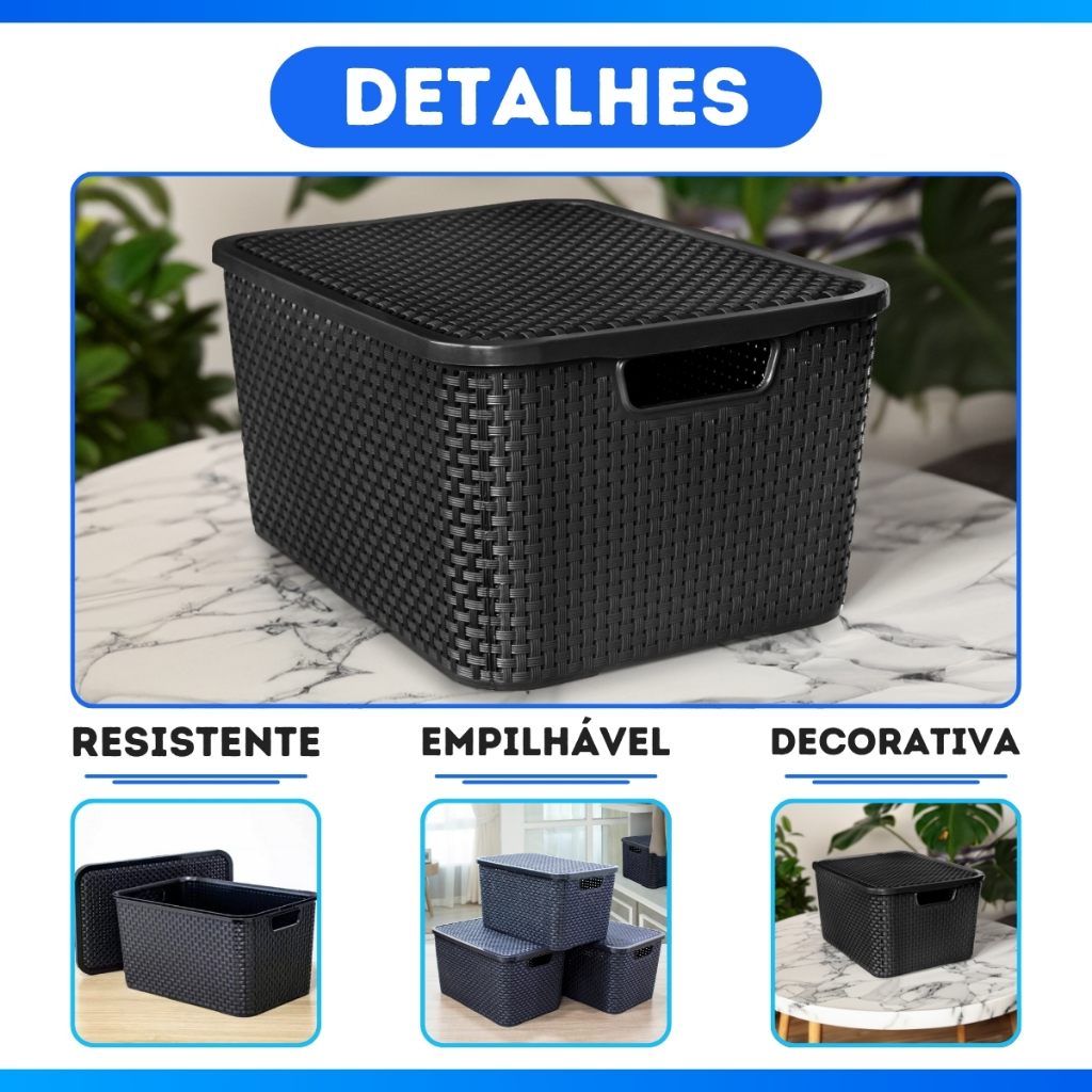 Kit Com 4 Cesto Caixa Organizadora Rattan Com Tampa 7 Litros Preto · foto 2