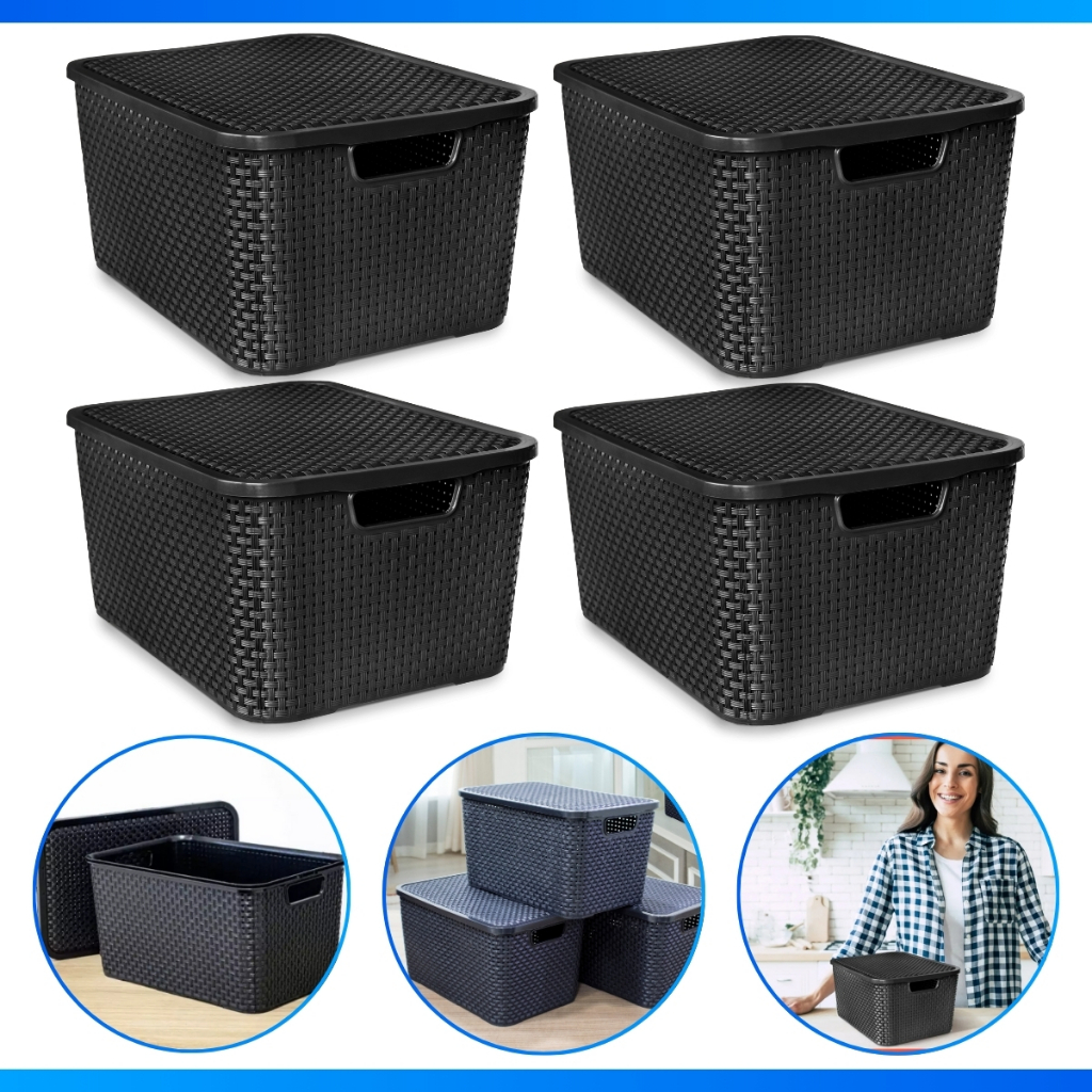 Kit Com 4 Cesto Caixa Organizadora Rattan Com Tampa 7 Litros Preto