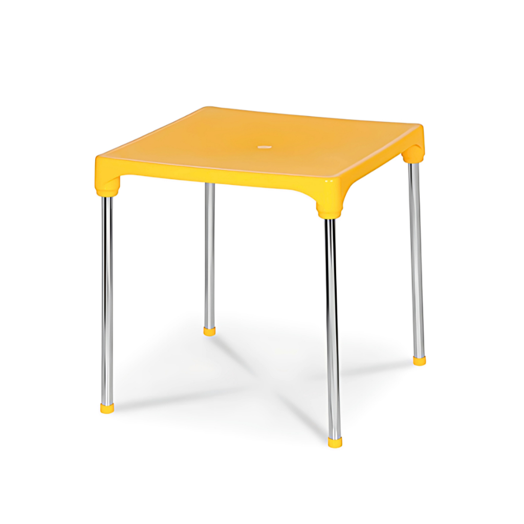 Mesa Quadrada Plastico Pês Em Aço Cromado Jardim Cozinha Piscina Quarto Sala Lazer Furo para Guarda Sol praia Niquelart