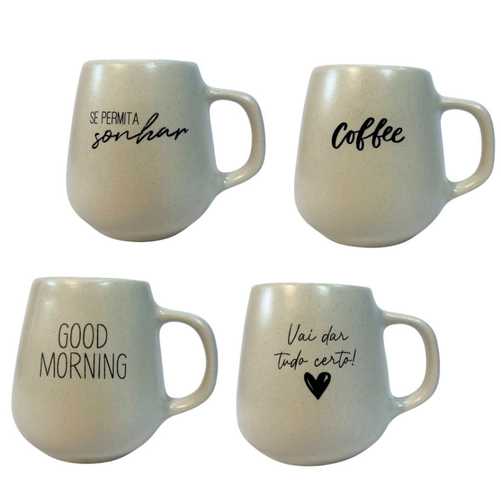 Jogo 4 Caneca Bojuda 260ml Porcelana Fosca Para Cappuccino Café Mesa Posta Só Art's®