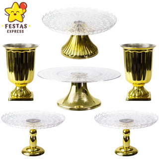 Kit Festa Premium Gold - 1 Boleira Cake Esmeralda 19x13 , 2 Vasos Gold , 1 Boleira Cone Esmeralda e 2 Boleira ColoniCake