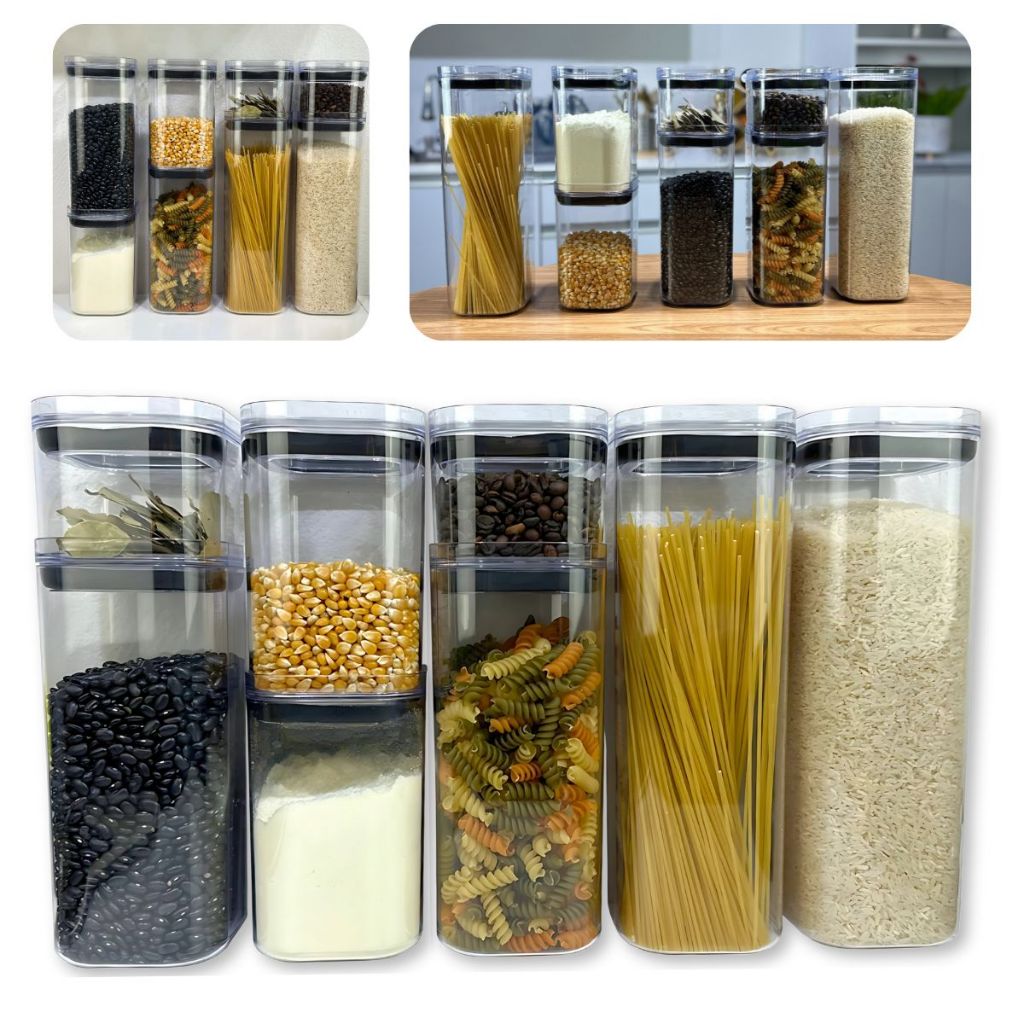 Kit 8 Potes Herméticos Organizador Transparente De Acrílico Quadrado Uz Mantimentos Armário Cozinha