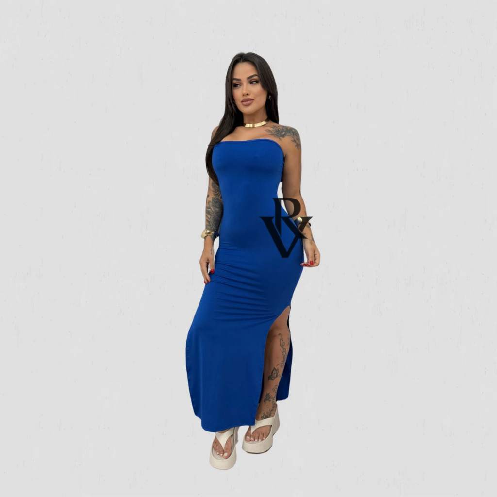 Vestido Feminino Fenda Dupla Longo Tomara Que Caia Festa Elegante Casual Suplex em Oferta na Shopee