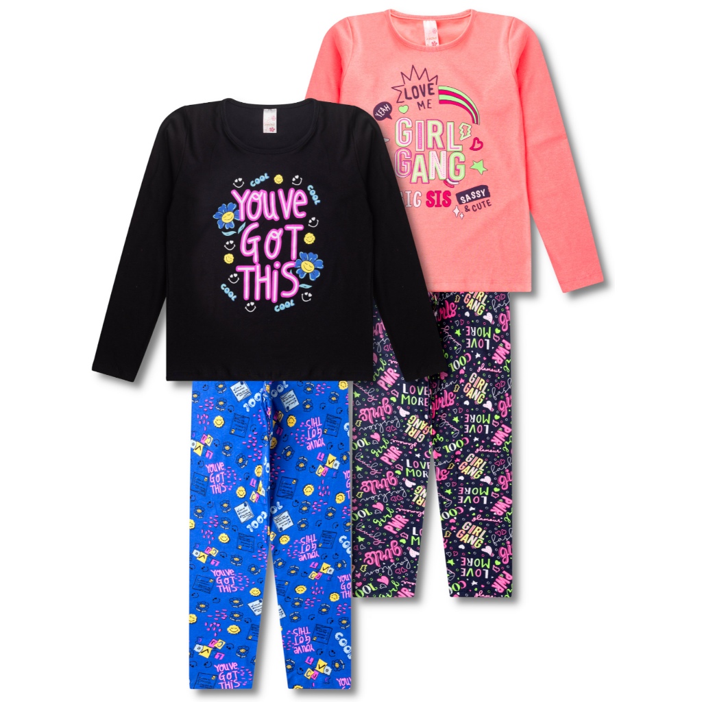 2 Conjuntos de Meia Estação Juvenil Infantil Roupa Feminino Inverno - 2 Blusinhas e 2 Calças