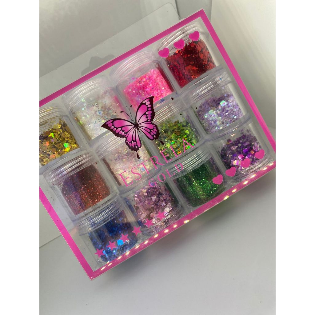 KIT 12 Glitter Floocado/Sortidos Carnaval glitter decoração de unhas glitter para unha Estrela Gold