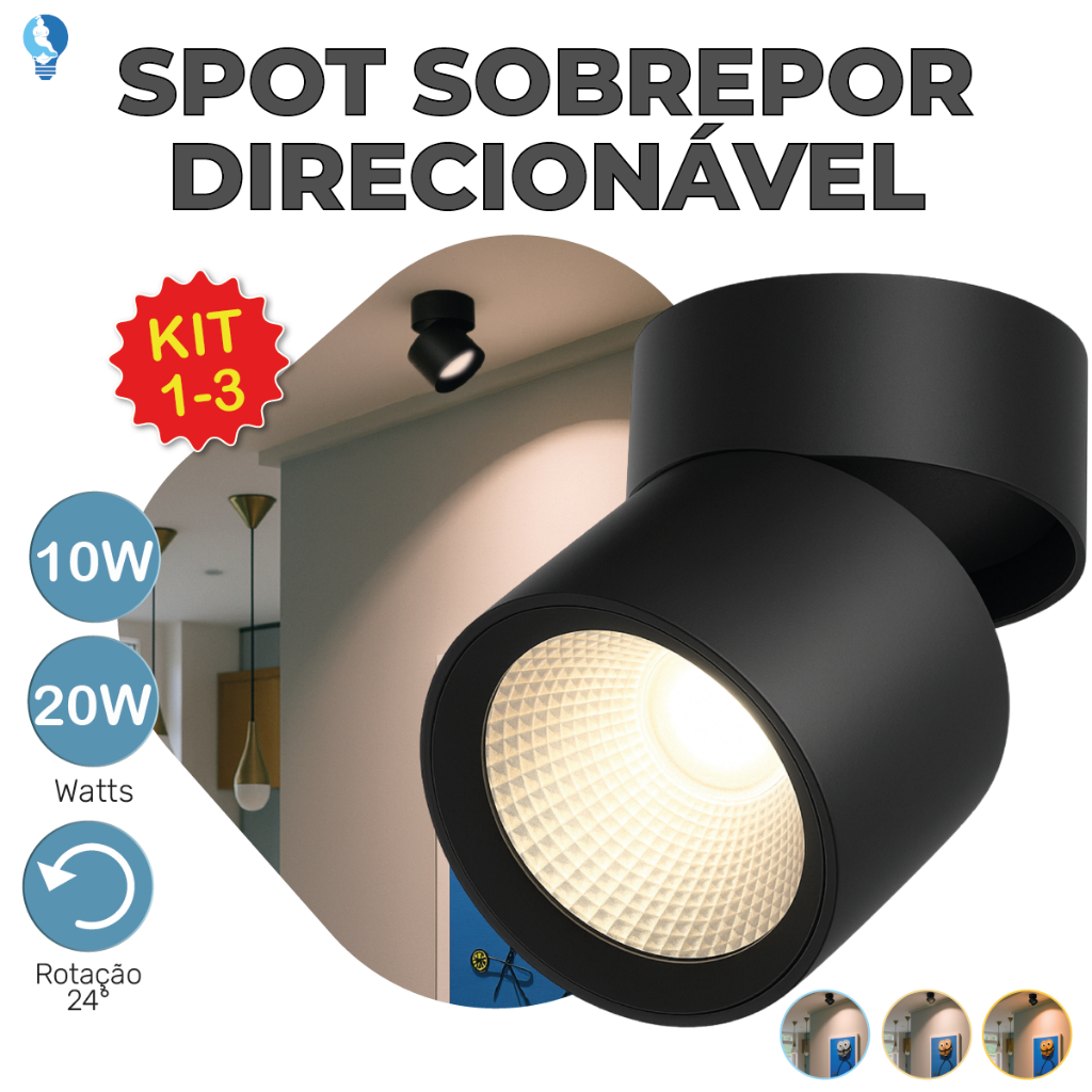 Spot Sobrepor Downlight Preto 20W 10W Luminária de Teto Dobrável Ajustável 3 Luz Bivolt em Oferta na Shopee