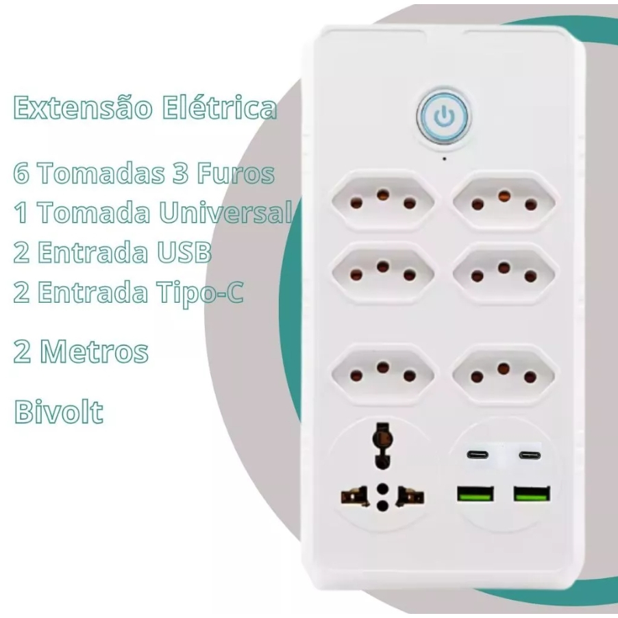 Régua Filtro de Linha com 7 Tomadas Extensão Elétrica 2 Metros Saida USB Tipo-C Bivolt 10A 110v/220v