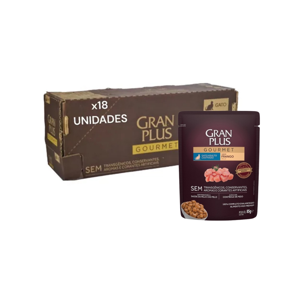 Caixa Ração Úmida Granplus Frango Gatos Castrados 18 Sachês, 85g Cada