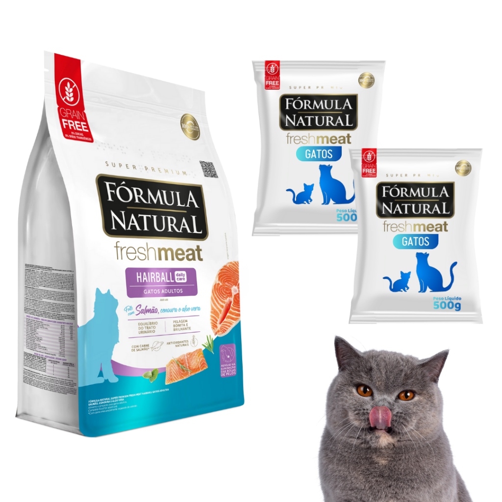 Kit Com 2 Ração Super Premium Formula natural Fresh Meat Gatos Adultos HairBall Sabor Salmão 500G