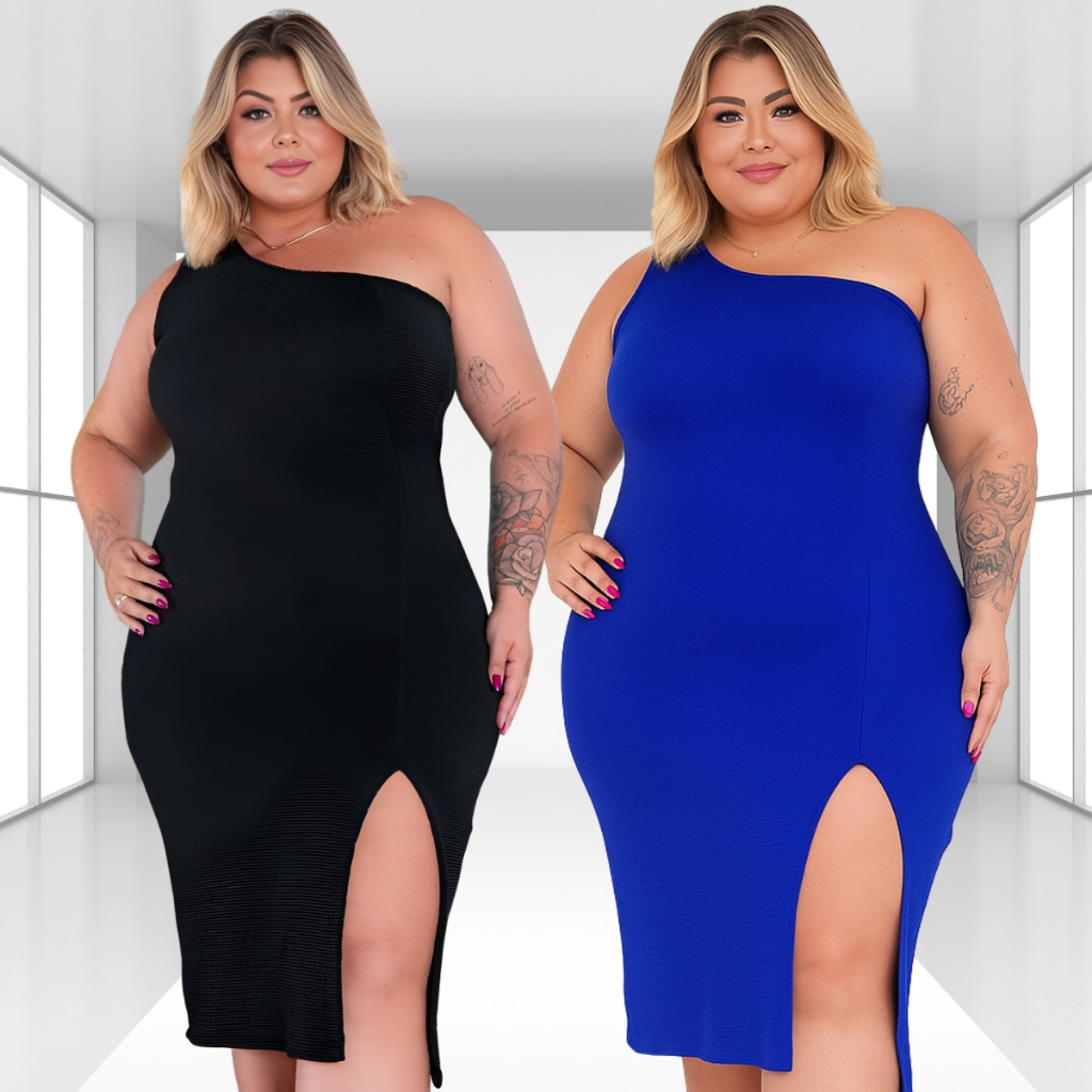 Vestido Midi Feminino Plus Size Ombro Só Tubinho Com Fenda Anarruga Modelador Mula Manca Canelado