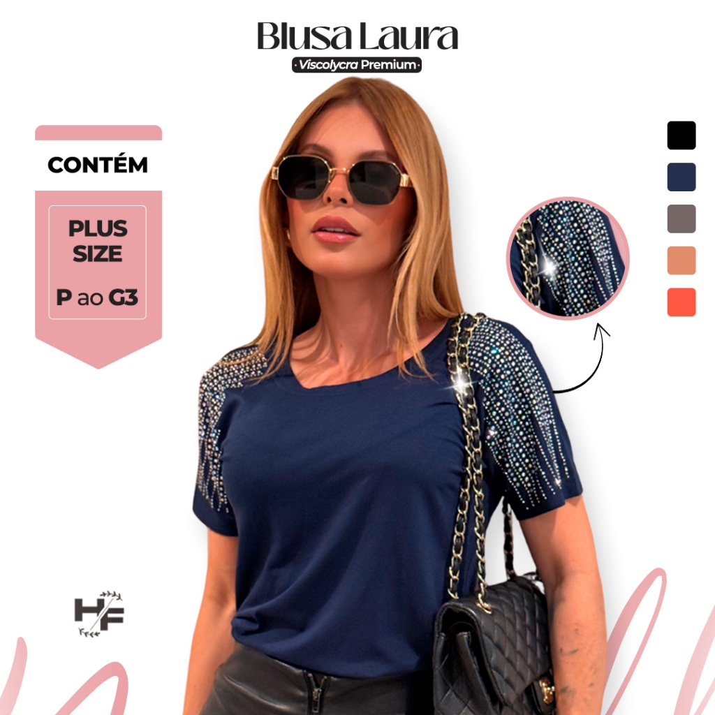 Blusa T-Shirt Feminina P ao G3 Com Brilho nas Mangas Slim Casual em Viscolycra em Oferta na Shopee