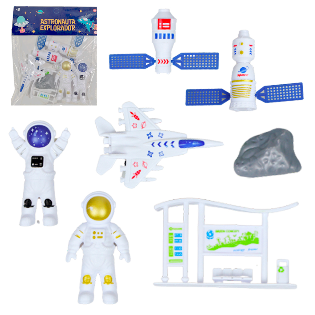 BONECO ASTRONAUTA EXPLORADOR COM AVIAO JATO RODA LIVRE + SATELITE E ACESSORIOS 7 PECAS