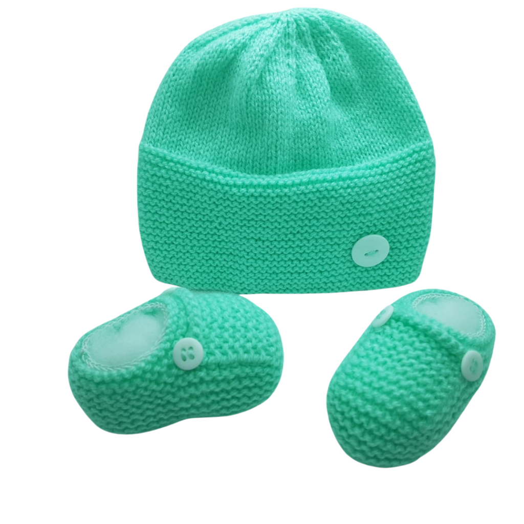 Touca Sapatinho Verde Claro Tricô Bebê Kit Recém Nascido - 3 Meses