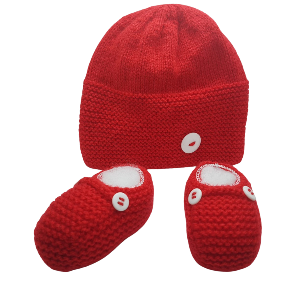 Touca Sapatinho Vermelho Tricô Bebê Kit Recém Nascido - 3 Meses