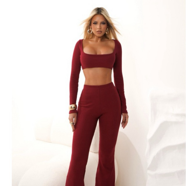 Conjunto Cropped Basic Manga Longa Calça Flare Cintura Alta Ribana Canelada Moda Gringa Inverno