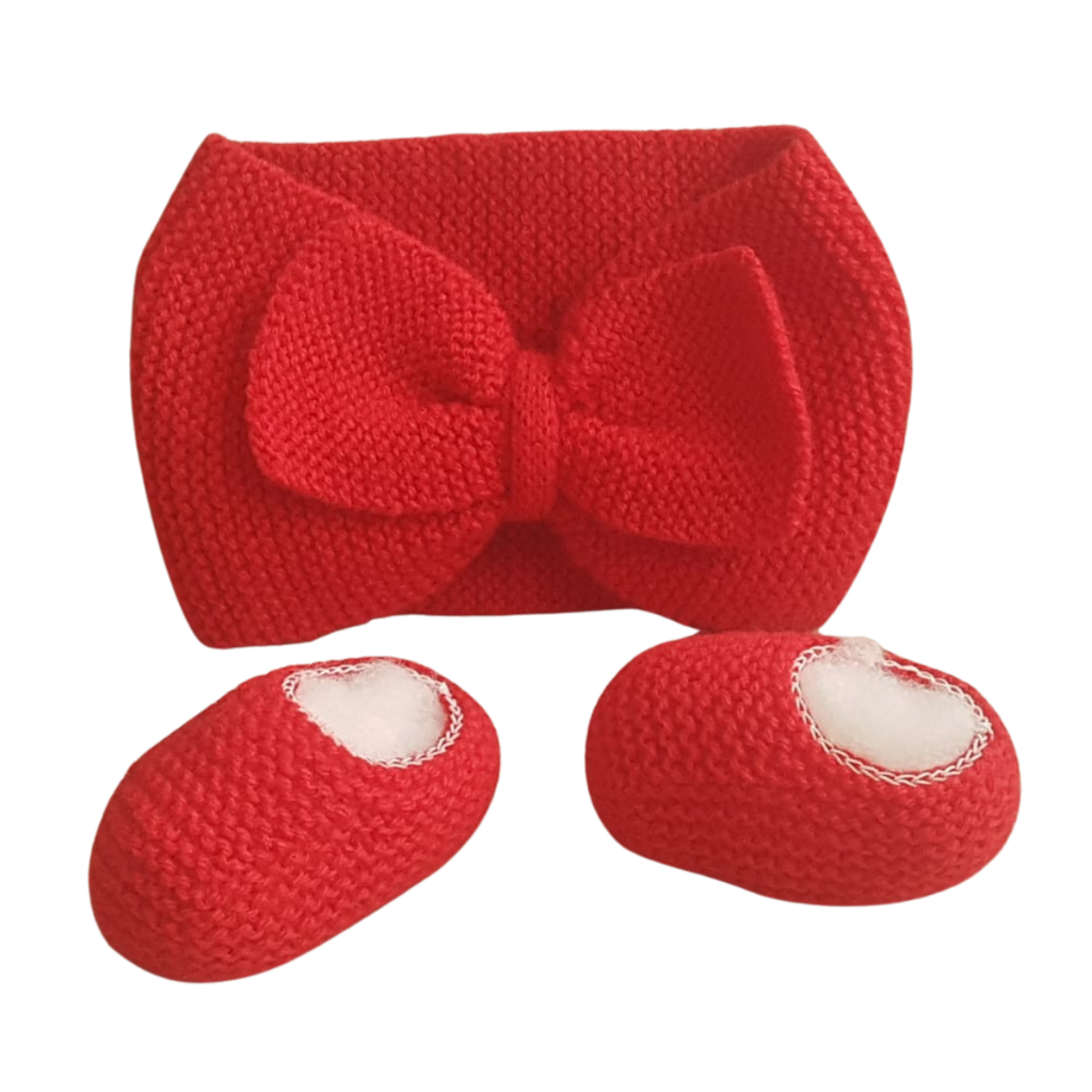 Turbante Faixa E Sapatinho Bebê Recém Nascido - 3 Meses Headbands Lã Em Tricô Kit Vermelho