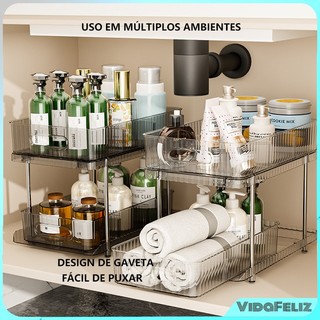 Estante com Gaveta Deslizante de Duas Camadas Caixa Organizadora Cosméticos, Bancadas Cozinha Armazenamento Diário