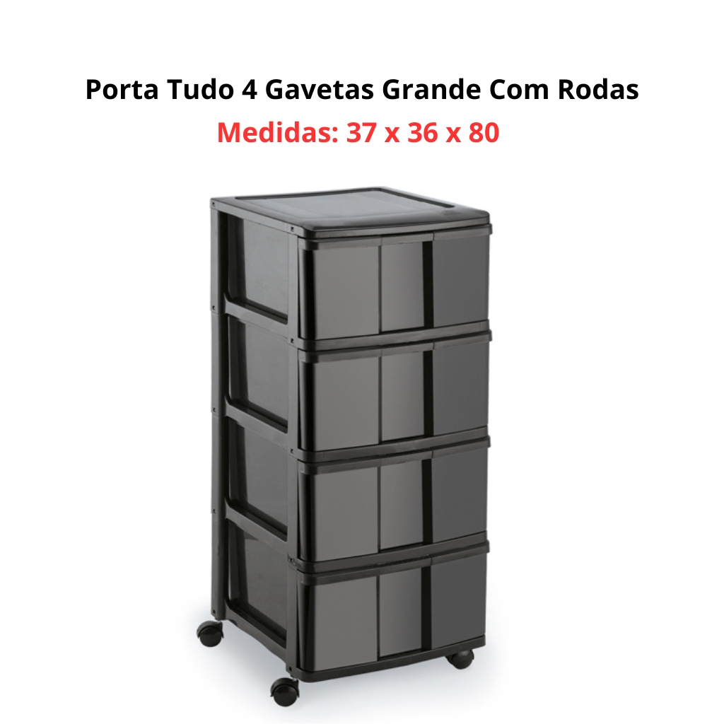 Detalhes do Gaveteiro Porta Tudo 4 Gavetas Com Rodas Organizador Multiuso Monte Líbano Cor Preto