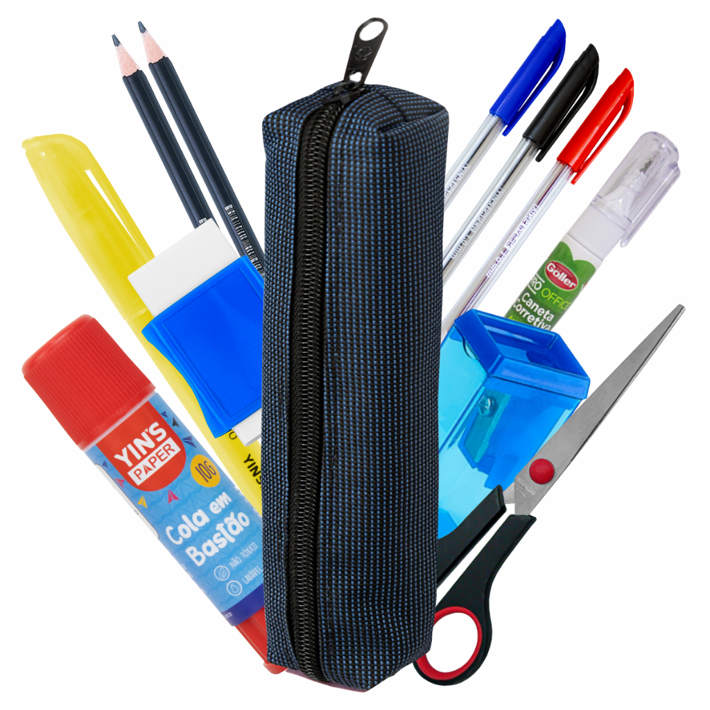 Kit Material Escolar Estojo Lápis Caneta Borracha Apontador Marca Texto Cola Tesoura em Oferta na Shopee