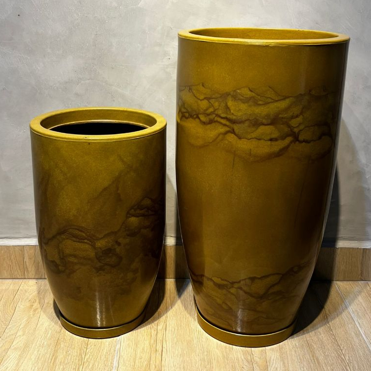 Kit Vasos Marmorizados Decorativos Grande Para Plantas ou Flor Jardim Polietileno Coluna polida N1+ N2 Com Pratos Kiluxo