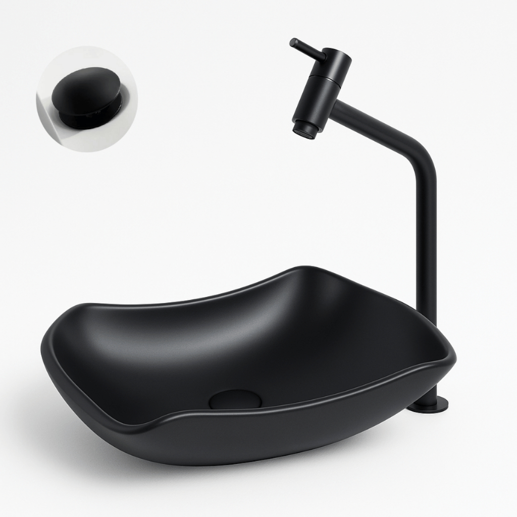 CUBA PIA DE VIDRO ABAULADA FOSCA PARA BANHEIRO E LAVABO 45X30 + VÁLVULA CLICK FOSCA MODELO DE APOIO 10MM