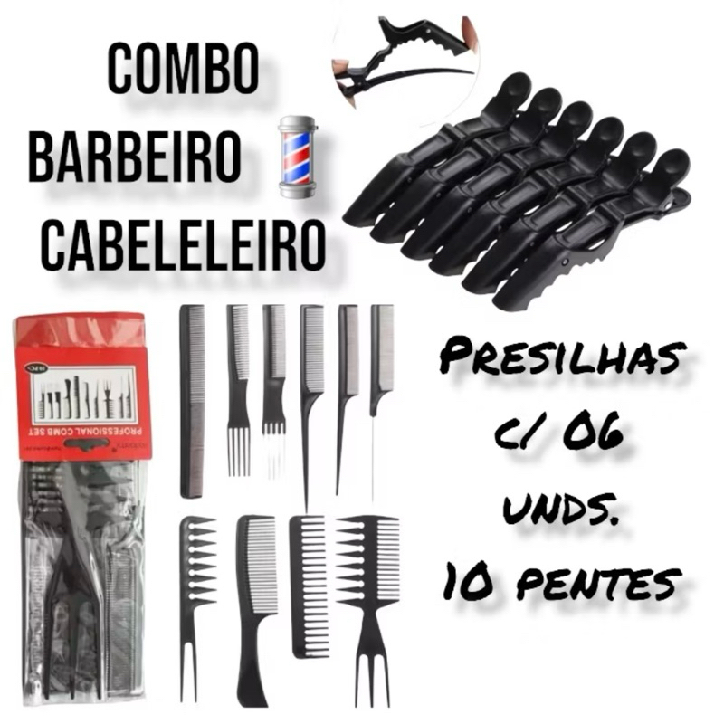 Combo presilhas jacaré bico de pato pregador cabelo grampo + 10 pentes barbeiro cabeleleiro