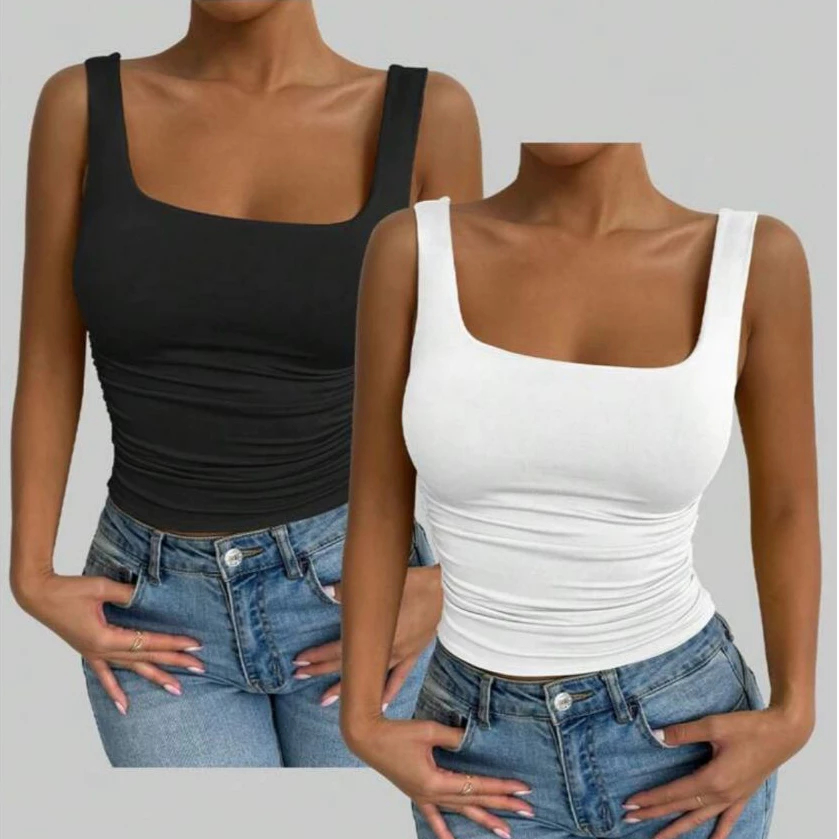 Kit 2 Regata Feminina Decote Quadrado Blusa Alça Larga Colors Suplex Básico Casual