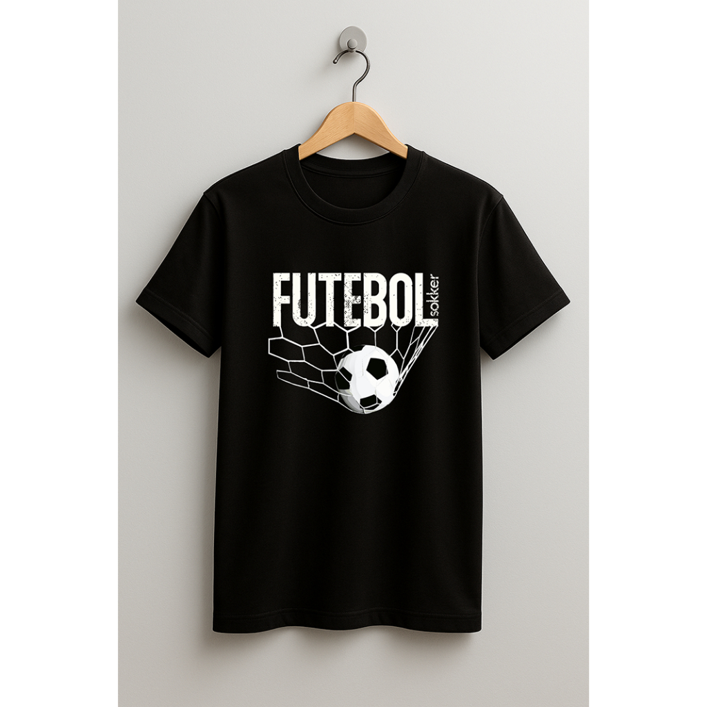 Camiseta Algodão Juvenil e Infantil Unissex Futebol Bola na Rede Menino Menina Malha Penteada