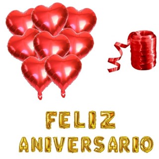 Kit Decoração - 10 Balões Coração + Frase Feliz Aniversario + Fitilho em Oferta na Shopee