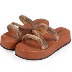 Papete Feminina 3 Tiras Z Strass Brilho Plataforma Alta Flat Confortável Luxo Birken Sandália