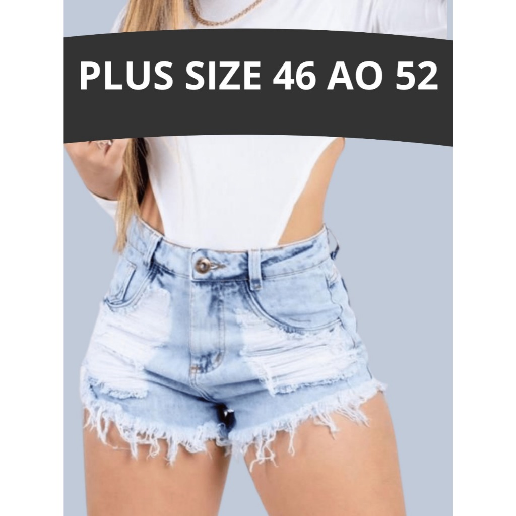 Short Jeans Feminino Plus Size Cintura Alta Preto Hot Pants Rasgado Rasgadinho Desfiado em Oferta na Shopee